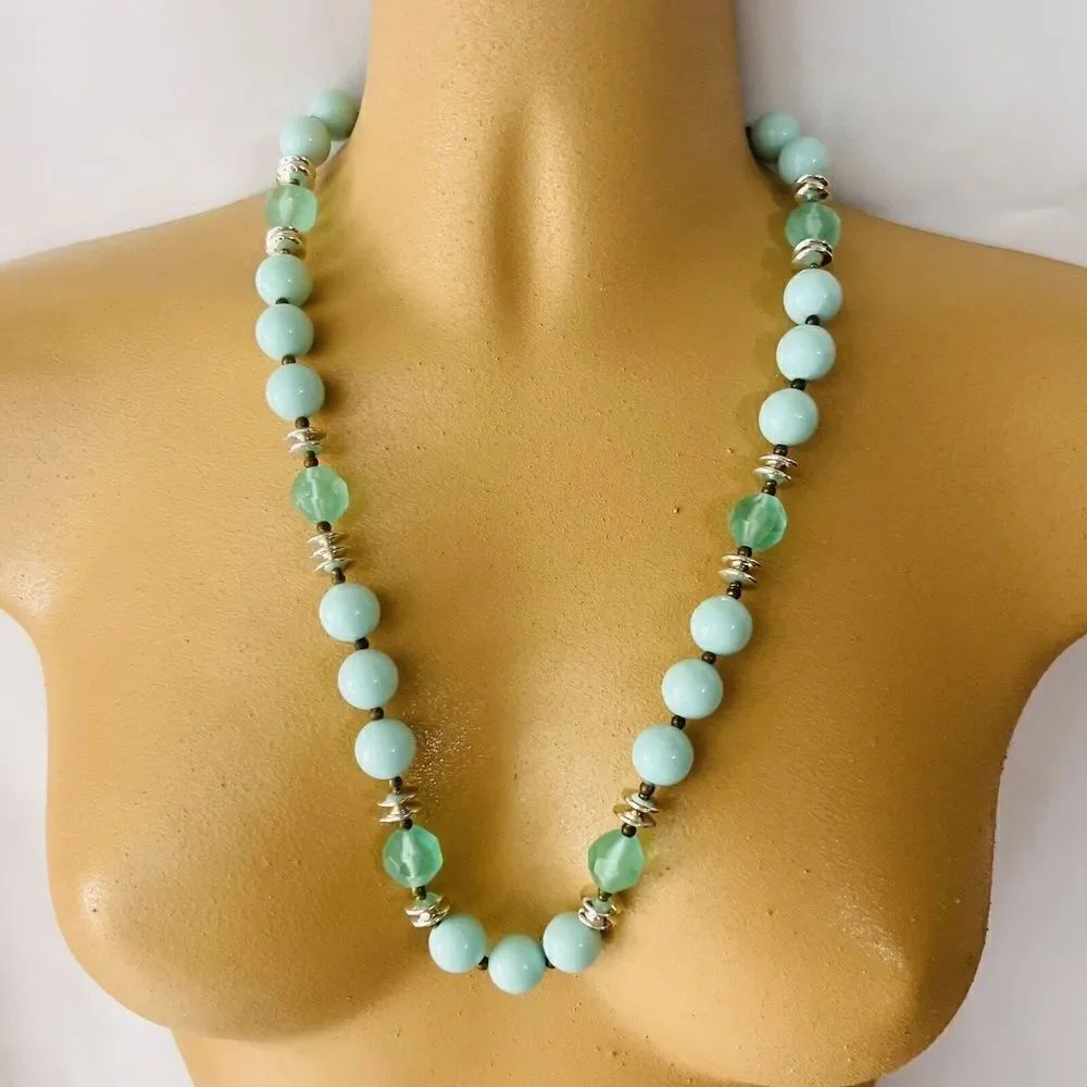 Vintage Lucite Necklace Baby Blue Mint Beads Silver Gold Beaded ￼￼24“ 4543